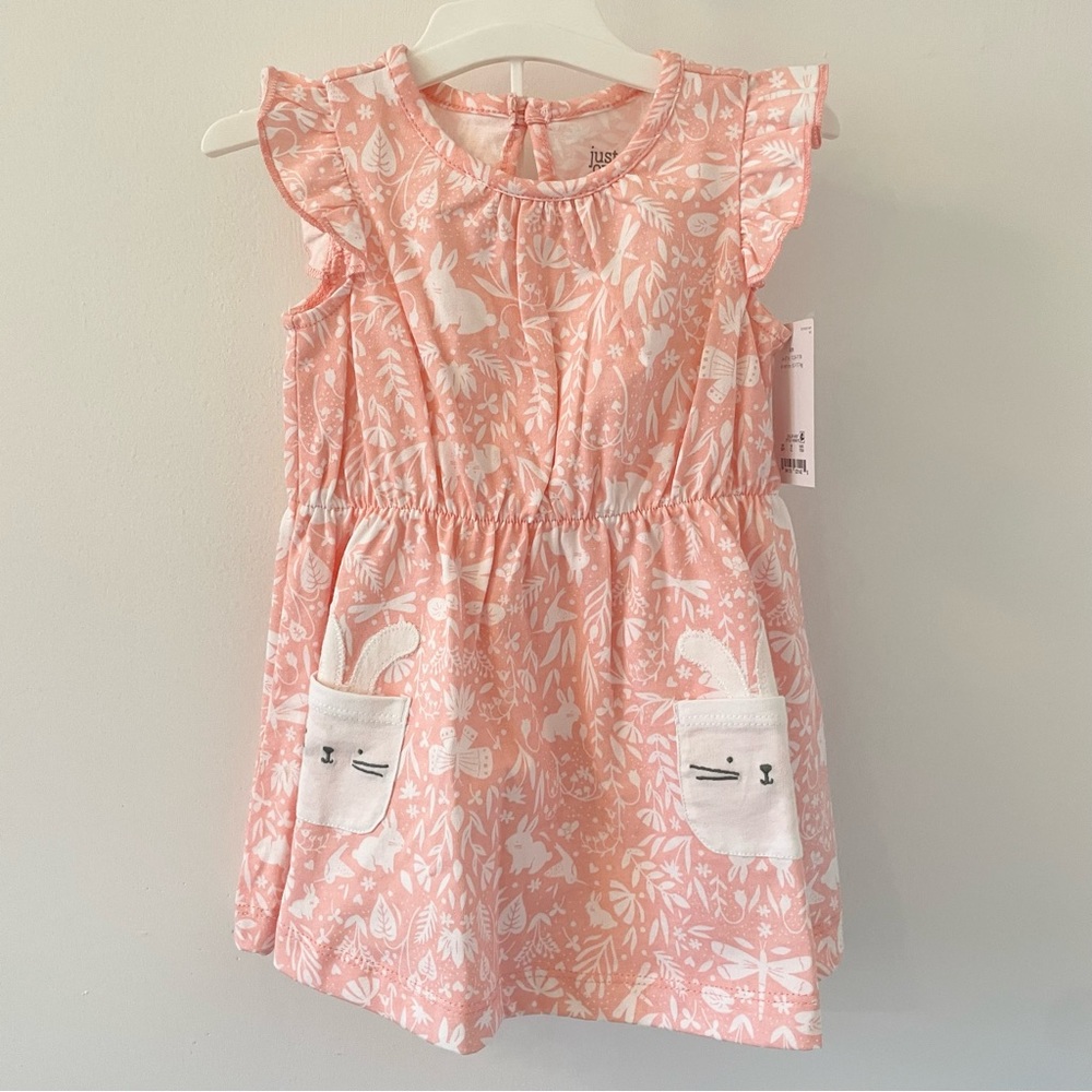 NWT Carters Baby Girl 6M Dress Coral/Ivory Flutter Sleeves with Bunny pockets